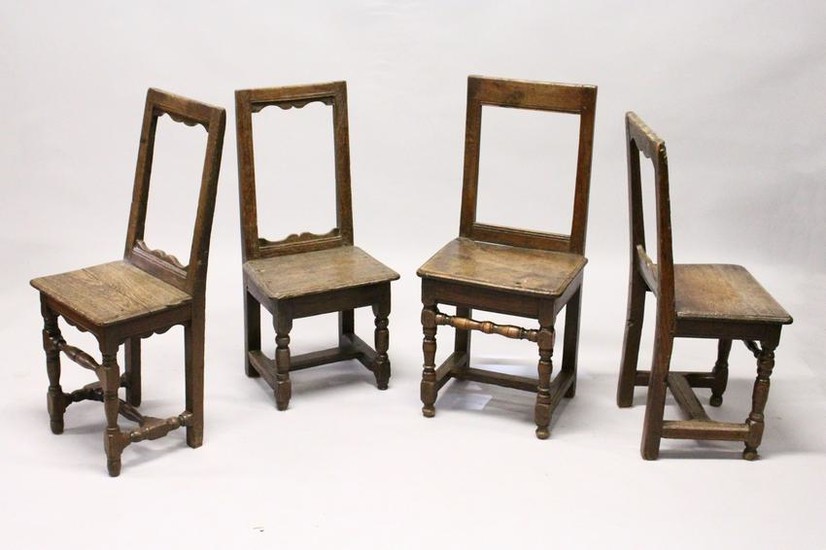 FOUR SMALL 18TH CENTURY OAK DINING CHAIRS, with framed