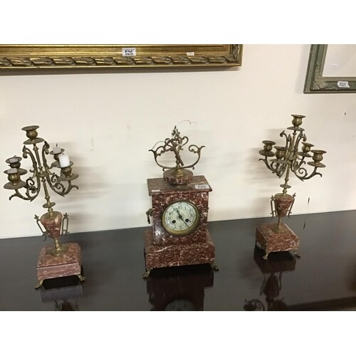 FRENCH BRASS AND MARBLE GARNITURE CLOCK SET COMPLETE WITH KE...