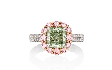 Fancy Intense Green diamond, diamond and pink sapphire ring