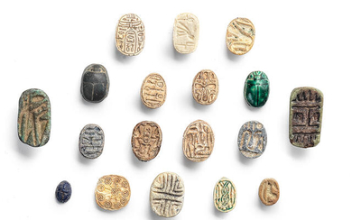 Fifteen Egyptian scarabs, two bundle seals and a circular cowroid
