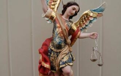 Fine Hand Carved Wood Statue: "St. Michael Archangel" +