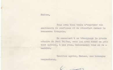 Fine content typed letter signed to Paul Valéry's wife