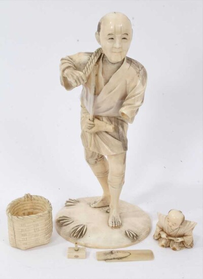 Fine quality late 19th / early 20th century Japanese carved ivory figure of a kneeling child, inset red signature plaque to underside 4cm high, together with a Japanese Meiji period okimono depicti...