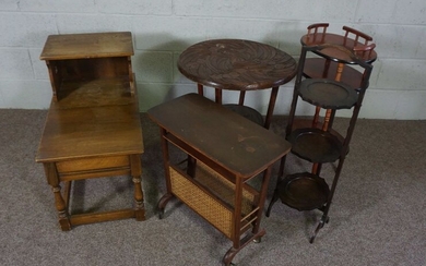 Five assorted small tables, including an oak telephone table, modern etagere, folding cake stand