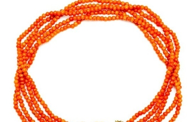 Five-pronged blood coral necklace, on 14 crt. gold...