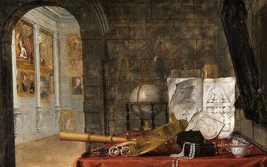 Flämischer Maler des 17. Jahrhunderts, THEMATISCH AUßERGEWÖHNLICH SELTENES STILLLEBEN MIT BEZÜGEN ZU ARCHITEKTUR UND WISSENSCHAFT