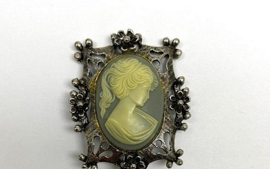 Floral Cream and Baby Blue Vintage Cameo Brooch