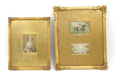 Four Victorian George Baxter prints, comprising: Queen Victoria, in a gilt frame and mount, 10 x 7.5cm; Prince Albert on horseback and a lakeside view in a gilt frame and mount, 7 x 11cm and 5.5 x 9.5cm; and a child, possibly Queen Victoria, in a...