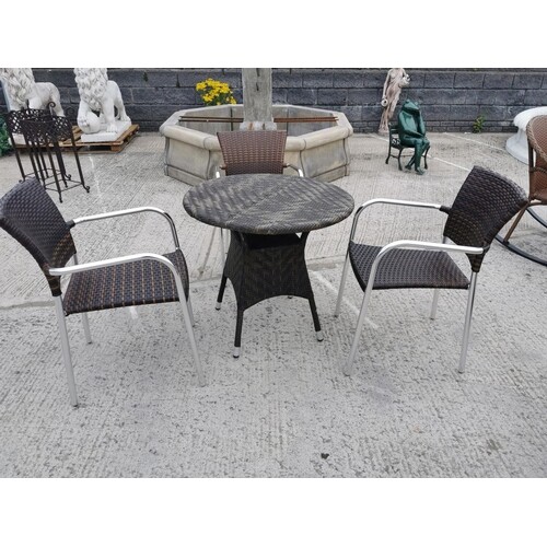Four piece rattan and chrome garden set - three chairs {82 c...