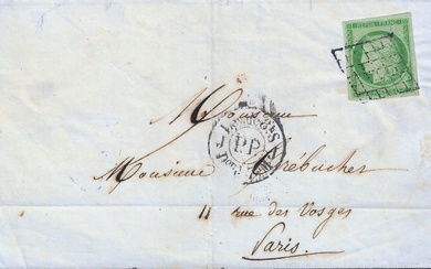 France 1850 - Very rare 15 centimes green on letter with PP stamp of levies in black - Yvert et Tellier n°2a