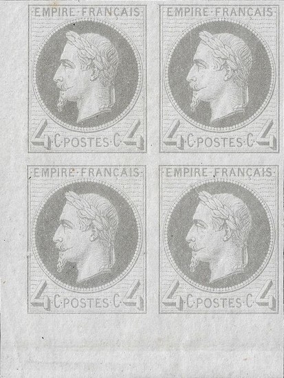 France 1866 - Empire lauré, 4 centimes grey, block of 4, imperforate, sheet corner - Yvert 27Bf