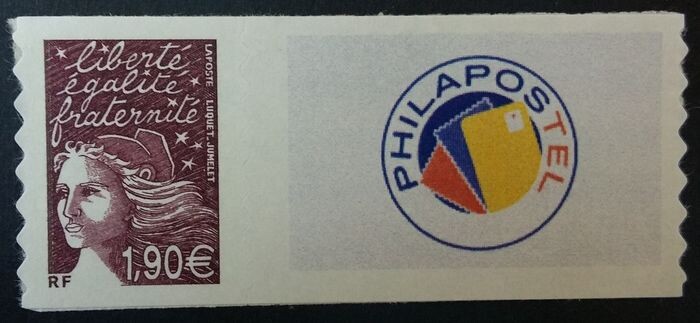 France 2003 - Rare customised stamp, €1.90 plum with Philapostel logo. - Maury Timbre personnalisé 15Aa