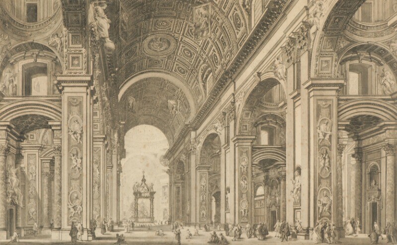 Francesco Panini: “Veduta del de dentro delle Basilica ...”. Inscribed in print Francesco Panini delin. Visible size 55×78.5 cm.