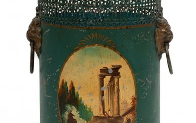 French Hand Painted Tole Waste Basket, 19th C., H 16" W 10"