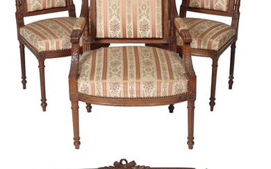 French Louis XVI Style Carved Walnut Five Piece Living Room Set, 20th c., Settee- H.- 41 in., W.- 62