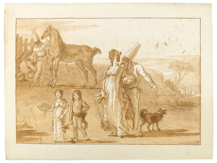 GIOVANNI DOMENICO TIEPOLO (VENISE 1727-1804), Polichinelle en compagnie d’une dame, avec deux enfants et un cheval