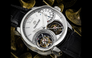 GREUBEL FORSEY. A MAGNIFICENT AND SPECIALLY EXECUTED PLATINUM ASYMMETRICAL WRISTWATCH WITH DIFFERENTIAL QUADRUPLE TOURBILLON AND POWER RESERVE INDICATION QUADRUPLE TOURBILLON MODEL, CIRCA 2010