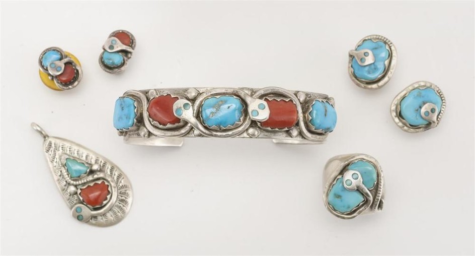 GROUP OF AMERICAN NATIVE SILVER JEWELRY BY EFFIE CALAVAZA 1) Snake design cuff bracelet with turquoise and coral. 2-3) Two pairs of...