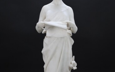 Galilée a signé. Sculpture en albâtre "Femme nue debout avec une lettre à la main"...