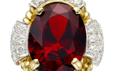 Garnet, Diamond, Gold Ring Stones: Oval-shaped garnet; full-cut diamonds...