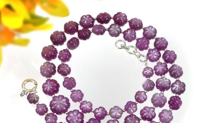 Raspberry Sheen Sapphire Gemstone NECKLACE : 40.80gms Natural Sapphire Round Shape Hand Carved Necklace 6mm - 10.5mm 19"