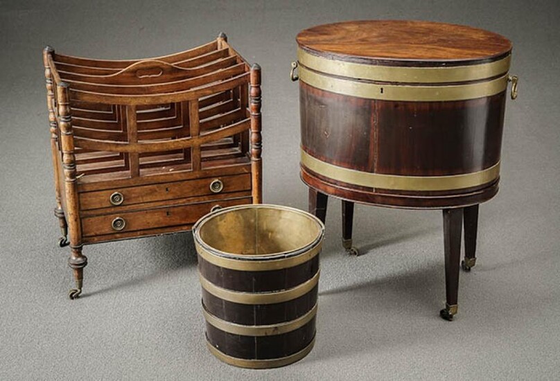 George III Oval Brass-Bound Mahogany Cellaret on Later Stand, a Peat Bucket and a Regency Ebonized Wood Inlaid Mahogany Canterbury