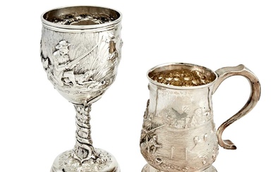 George III Sterling Silver Hunt Mug and a Silver Plated Hunt Goblet The mug John Langlands, Newcastle, 1757