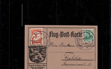 German Empire - “Flugpost Rhein Main” airmail card, 20 pf, E.EL.P. with photo certificate - Michel VI