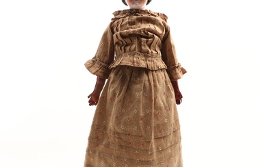 German Covered Wagon China Head Doll with Leather Arms and Legs, ca.1860's