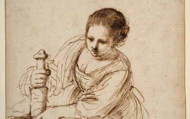 Giovanni Francesco BARBIERI, dit il GUERCINO Cento, 1591 - Bologne, 1666 Femme agenouillée tenant un pilon et un mortier