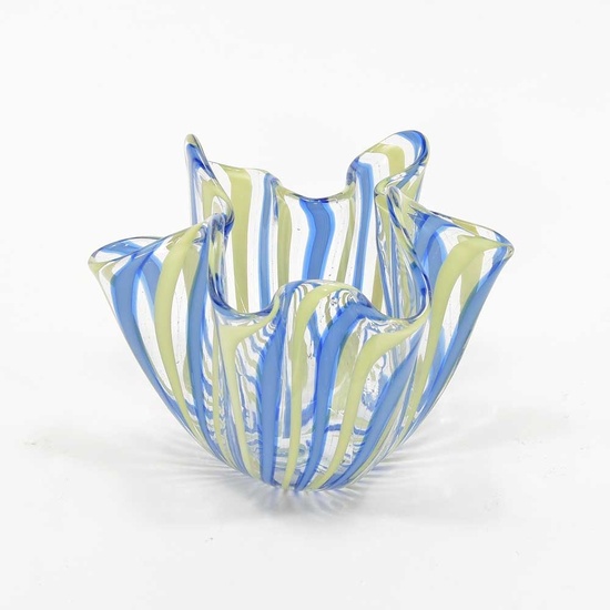 Glass shaped vase with blue & yellow filligree decoration "Fazzoletto",...