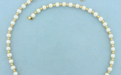 Gold Bead and Pearl Necklace in 14K Yellow Gold