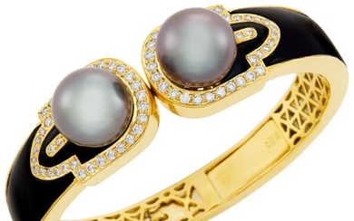 Gold, Gray Cultured Pearl, Diamond and Black Enamel Bangle Bracelet