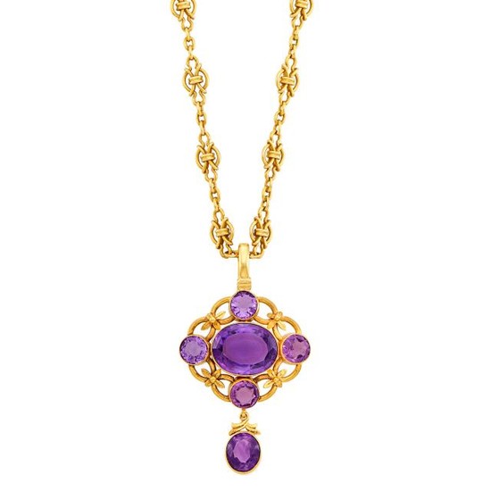 Gold and Amethyst Pendant with Gold Chain Necklace