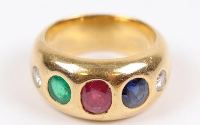 Gold ring (750) set with 2 small brilliants (for about 0.10 carat) 1 sapphire, 1 ruby, 1 emerald (for about 0.40 carat). T: 49, Gross weight: 10.7 gr.