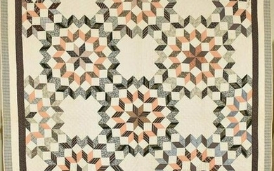 Gorgeous 1870's Broken Stars Quilt, Early Browns