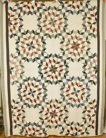 Gorgeous 1870's Broken Stars Quilt, Early Browns