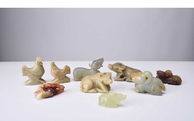 Group of nine Chinese carved hardstone animal figures Includ...