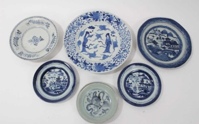 Group of six Chinese and Japanese blues and white plates