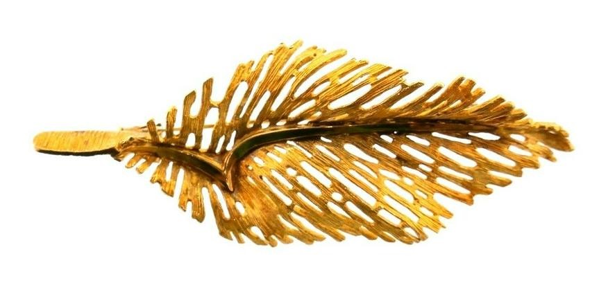 HERMES PARIS 18k Yellow Gold Feather Brooch Vintage