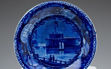 HISTORICAL STAFFORDSHIRE AMERICAN VIEW BLUE TRANSFER CUP PLATE.
