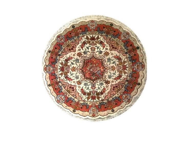 Hand Knotted Vintage Round Persian Tabriz Rug, Silk &