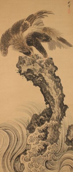 Hanging scroll - Paper, Wood - Okamoto Shuki (1807-1862) - Large and very fine sumi-e painting "Mighty eagle on the rock" - including kiwamebako - Japan - Late Edo period