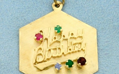 Happy Birthday Pendant with Ruby, Emerald, and Sapphire in 14K Yellow Gold