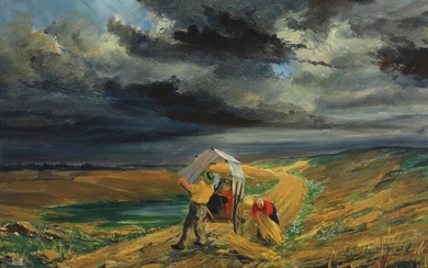SOLD. Hermann Nowak: The field gets harvested. Signed Hermann Nowak. Oil on canvas. 50 x...