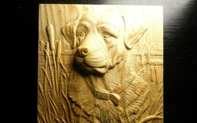 Hunting Dog & Cattails Carved Wooden Plaque