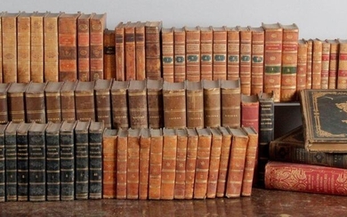 IMPORTANT LOT OF ANCIENT 19th century BINDINGS, literature and science and history and religion, some with plates.