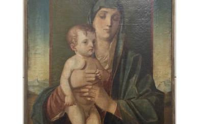 Ignoto del secolo XIX da Giovanni Bellini "Madonna degli alberetti" olio su tela (cm 75x58) (difetti e restauri)