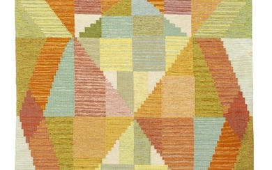 Inga-Mi Varneus Rydgren: Handwoven wool carpet in “rölakan” flatweave technique with polychrome geometric pattern. Signed P and IMV.