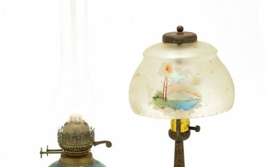 Iridescent Glass Base Oil Lamp and a Table Lmap with an